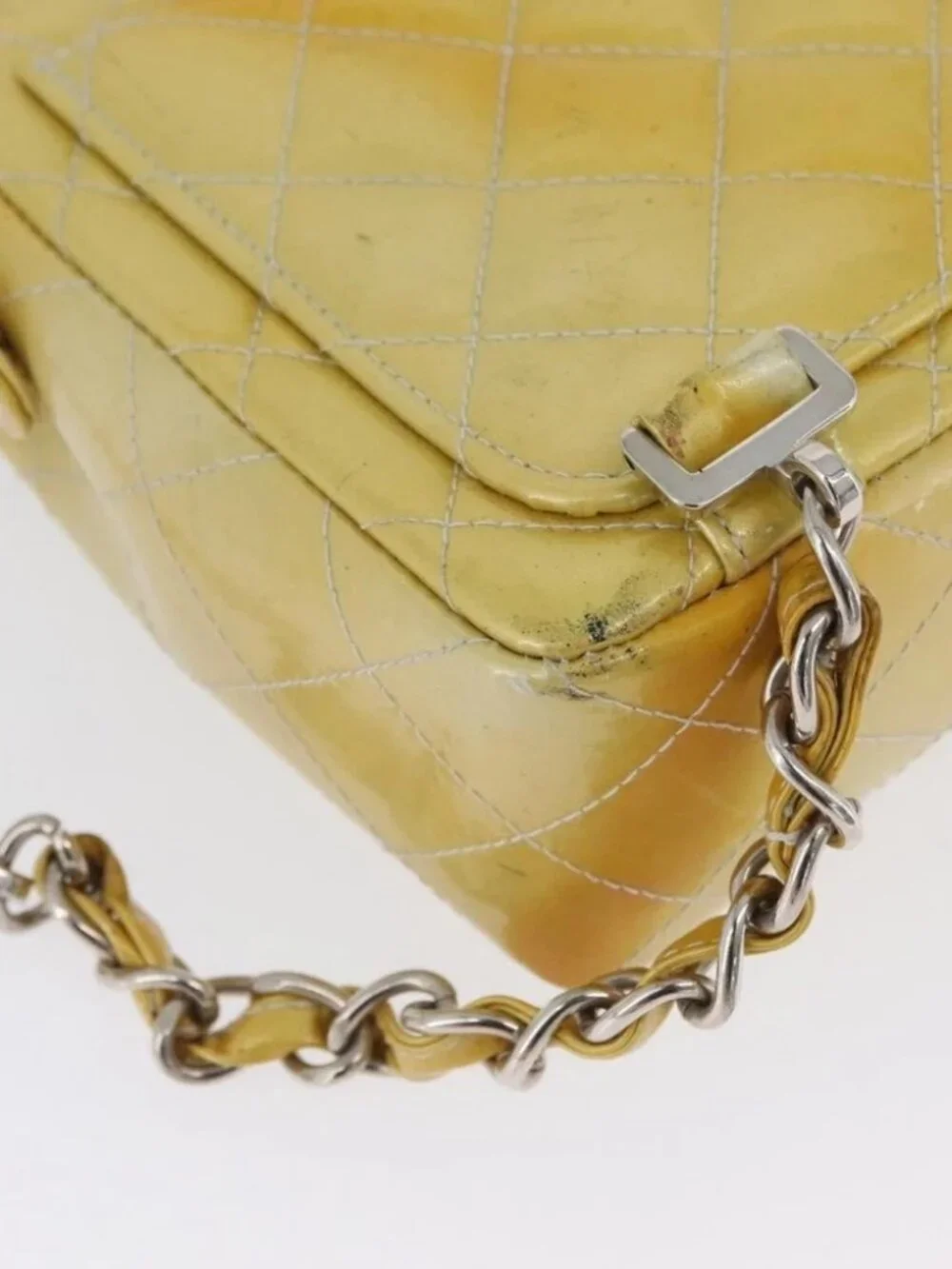 CHANEL Matelasse Backpack Patent leather Yellow Silver CC Auth 89374